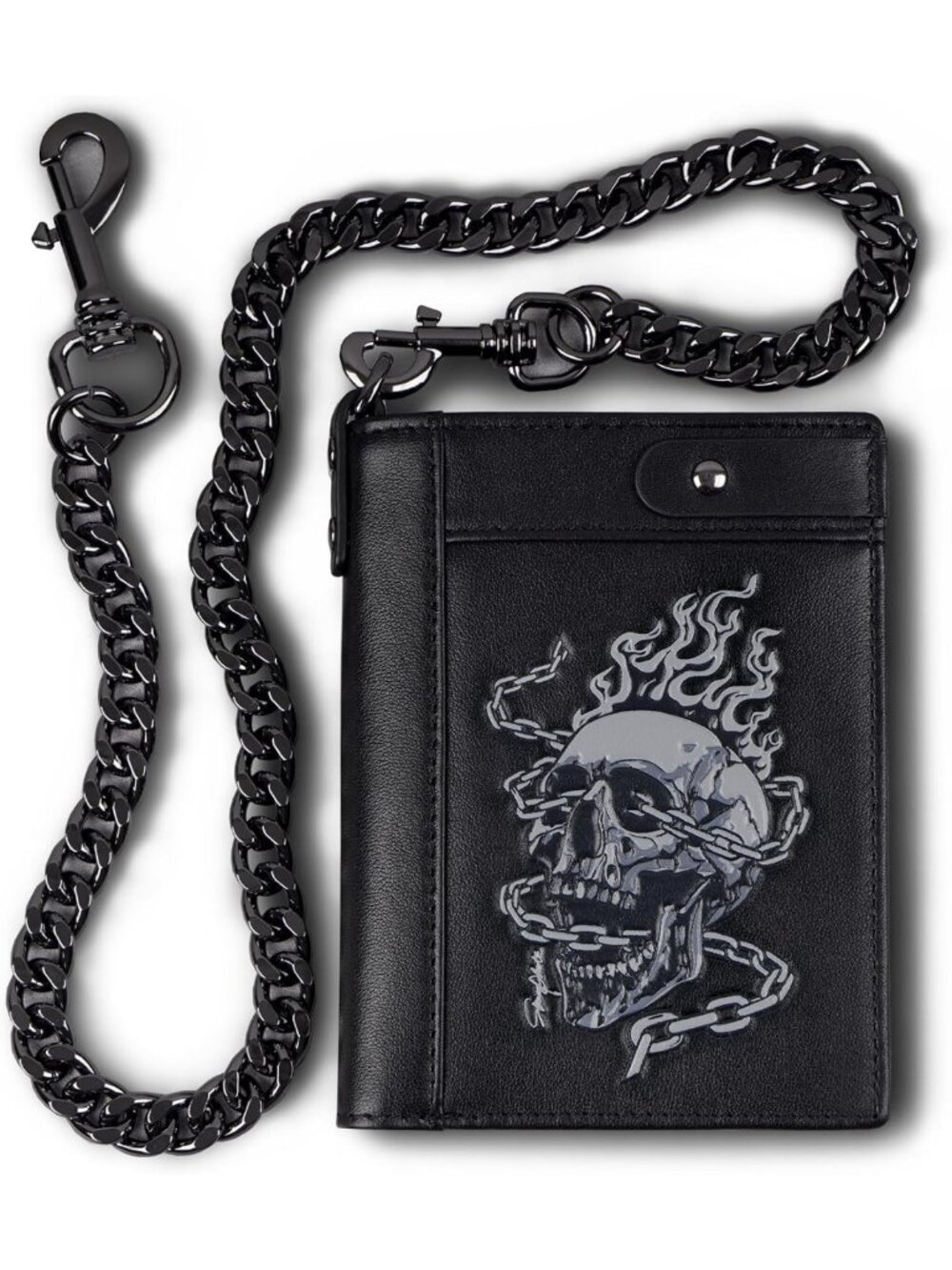 Men's Skull Bifold Leather Wallet with Chain, RFID Blocking & Zipper Coin Pocket